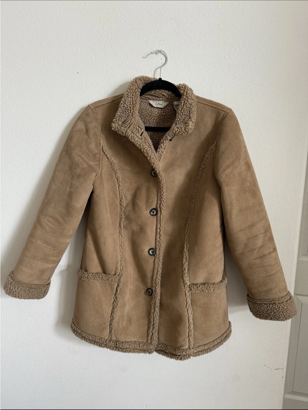 Ll Bean Tan Faux Suede Shearling Jacket Coat Size Small